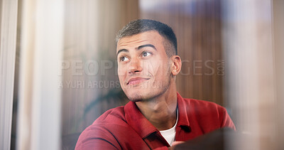 Buy stock photo Smile, man and thinking at window in home for daydreaming, check view and positive memory. Relax, happy person and thoughtful in apartment with mental reflection, weekend break and peaceful me time