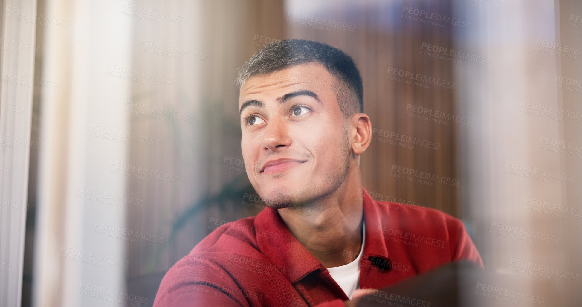Buy stock photo Smile, man and thinking at window in home for daydreaming, check view and positive memory. Relax, happy person and thoughtful in apartment with mental reflection, weekend break and peaceful me time