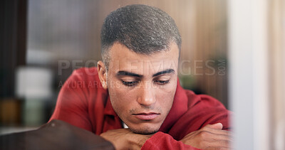 Buy stock photo Disappointed, upset and man by window in home with ideas, mental health or anxiety on weekend break. Sad, loneliness and male person with depression, reflection or thinking in living room at house.