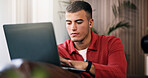 Man, browsing and remote work in apartment with laptop, proposal and search for digital marketing idea. Person, computer and typing in house with email, creativity and plan for freelance advertising.
