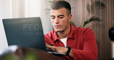 Buy stock photo Man, browsing and remote work in apartment with laptop, proposal and search for digital marketing idea. Person, computer and typing in house with email, creativity and plan for freelance advertising.