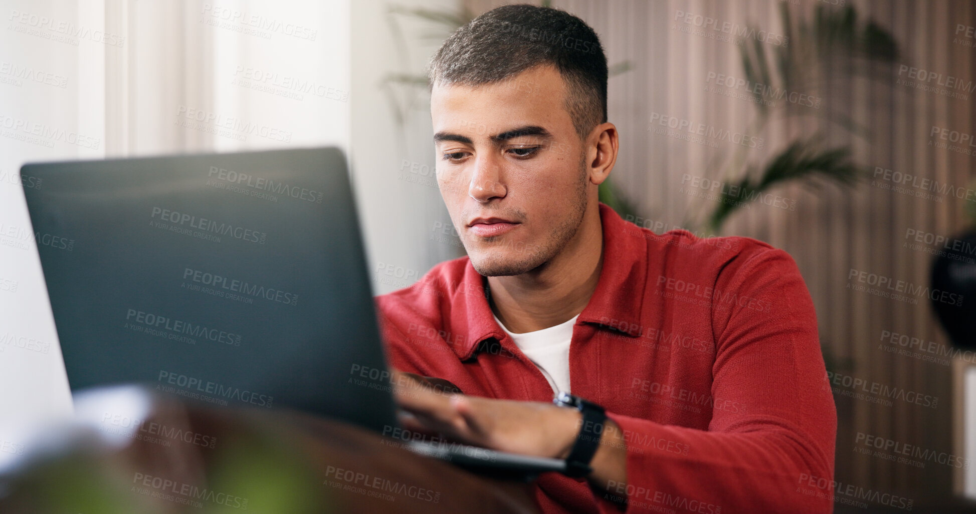 Buy stock photo Man, browsing and remote work in apartment with laptop, proposal and search for digital marketing idea. Person, computer and typing in house with email, creativity and plan for freelance advertising.