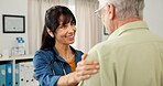 Doctor, woman and support old man in consultation for health advice, treatment progress and chat. Hospital, professional and senior patient with routine checkup for wellness, good news and healthcare