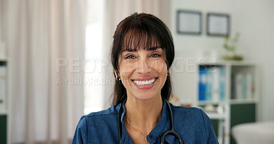 Buy stock photo Smile, pride and portrait of doctor in office at hospital with confidence in medical career. Happy, professional and mature woman or healthcare worker with positive attitude in medicare clinic