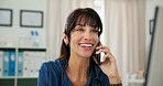 Smile, doctor and woman in office with phone call for patient review, medical research or diagnosis. Healthcare, clinic and mature person with tech, report and online communication for telehealth