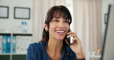 Buy stock photo Smile, doctor and woman in office with phone call for patient review, medical research or diagnosis. Healthcare, clinic and mature person with tech, report and online communication for telehealth