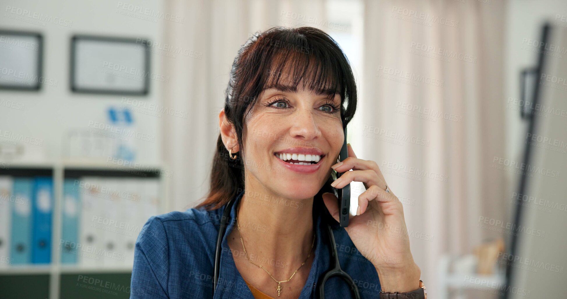 Buy stock photo Smile, doctor and woman in office with phone call for patient review, medical research or diagnosis. Healthcare, clinic and mature person with tech, report and online communication for telehealth
