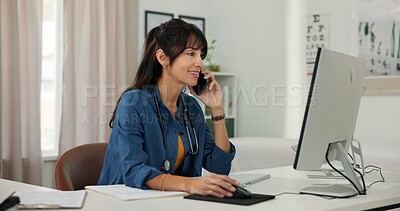 Buy stock photo Computer, doctor and woman in office with phone call for patient review, medical research or diagnosis. Healthcare, clinic and mature person with tech, report and online communication for telehealth