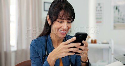 Buy stock photo Smile, doctor and woman in office with phone for patient review, medical research or diagnosis. Healthcare, clinic and mature person with digital tech, report and online message for telehealth