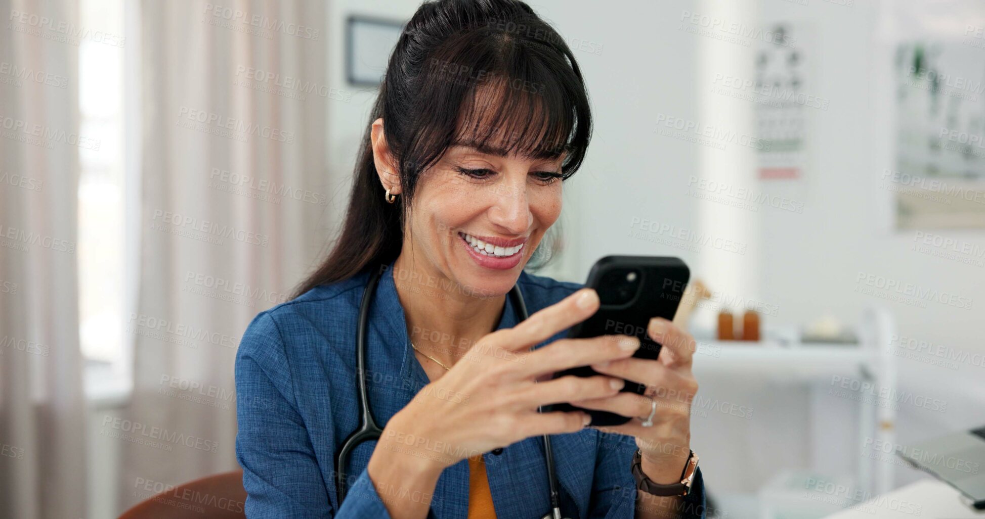Buy stock photo Smile, doctor and woman in office with phone for patient review, medical research or diagnosis. Healthcare, clinic and mature person with digital tech, report and online message for telehealth