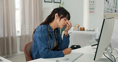 Buy stock photo Tired, doctor and woman with computer in hospital, reflection and overworked with digital eye strain. Healthcare, fatigue and mature person with burnout, blue light exposure and overtime in clinic