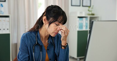 Buy stock photo Doctor, overworked and woman with computer in hospital, reflection and tired with digital eye strain. Healthcare, fatigue and mature person with burnout, blue light exposure and overtime in clinic