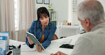Buy stock photo Medical, consultation or people in clinic with tablet, progress track or diagnosis report on digital app. Healthcare, patient or doctor with tech, online checklist or case results with treatment plan