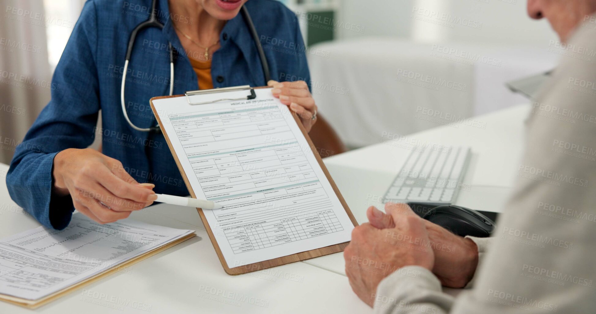 Buy stock photo Paperwork, consulting and doctor with clipboard for patient insurance, medical history and healthcare. Clinic, pointing and people with forms for personal details, medicare info and symptom checklist