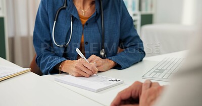 Buy stock photo Hands, person and doctor writing in office for checkup, prescription script and referral letter. Healthcare worker, patient and consultation notes for medical record, diagnosis and treatment progress