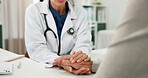 Doctor, hands and empathy to old person in consultation for medical results, bad news and support. Professional, woman and comfort senior patient in clinic for cancer diagnosis, compassion and health