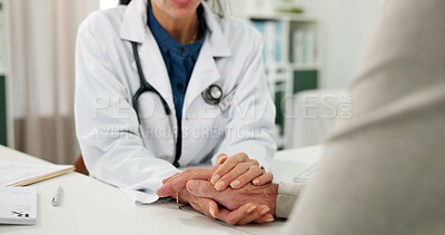 Buy stock photo Doctor, hands and empathy to old person in consultation for medical results, bad news and support. Professional, woman and comfort senior patient in clinic for cancer diagnosis, compassion and health