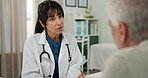 Doctor, woman and talking to old man in clinic for health advice, treatment progress or planning. Hospital, senior patient and mature professional with feedback for healthcare, results and diagnosis