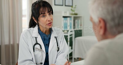Buy stock photo Doctor, woman and talking to old man in clinic for health advice, treatment progress or planning. Hospital, senior patient and mature professional with feedback for healthcare, results and diagnosis