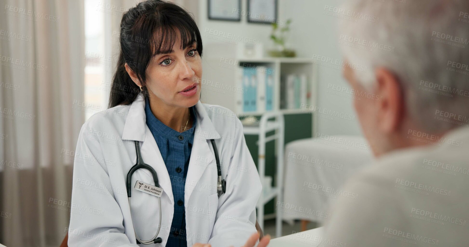 Buy stock photo Doctor, woman and talking to old man in clinic for health advice, treatment progress or planning. Hospital, senior patient and mature professional with feedback for healthcare, results and diagnosis