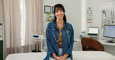 Buy stock photo Doctor, portrait and woman with smile in hospital, wellness and pride for health career or services. Clinic, medical professional and mature person with healthcare job, confident and happy in USA