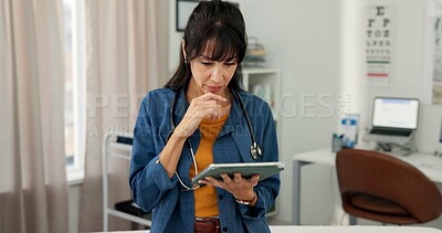 Buy stock photo Doctor, woman and reading with tablet in clinic, virtual healthcare consulting and online prescription. Telehealth, medical resources or mature gp with tech for diagnostic info, treatment plan or app