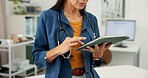 Doctor, woman and hands with tablet in clinic, virtual healthcare consulting and online prescription. Telehealth, medical resources or physician with tech for diagnostic info, patient app or research
