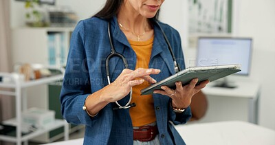 Buy stock photo Doctor, woman and hands with tablet in clinic, virtual healthcare consulting and online prescription. Telehealth, medical resources or physician with tech for diagnostic info, patient app or research