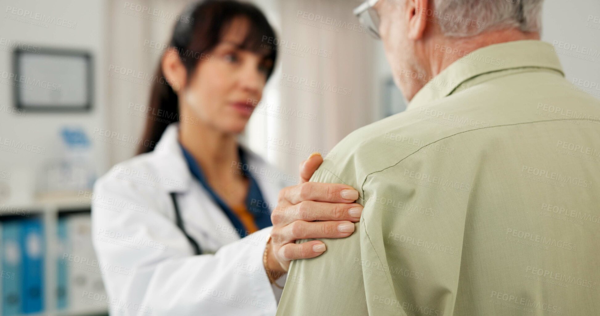 Buy stock photo Doctor, hands and empathy to old man in consultation for test results, diagnosis or health advice. Clinic, senior patient or professional woman with comfort for bad news, treatment fail or healthcare