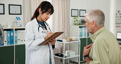 Buy stock photo Doctor, old man or writing with clipboard in clinic, medical consultation or symptoms notes for diagnosis. Prescription, mature gp or patient with report for appointment, healthcare or follow up exam