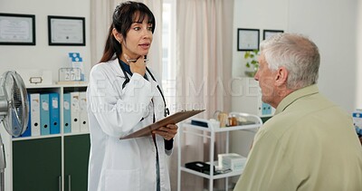 Buy stock photo Doctor, old man or assessment with clipboard in clinic, consultation or explain symptoms for diagnosis. Medical exam, mature gp or patient with results for appointment, healthcare or throat infection