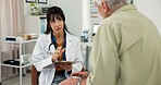 Doctor, old man or discussion with clipboard in clinic, consultation or explain symptoms for diagnosis. Talking, mature gp or patient with medical report for appointment, healthcare or follow up exam