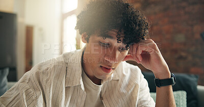 Buy stock photo Man, thinking and sofa with stress in home for bad decision, regret or doubt in living room. Frustrated, thoughtful or male person with contemplation for choice, option or problem solving in house