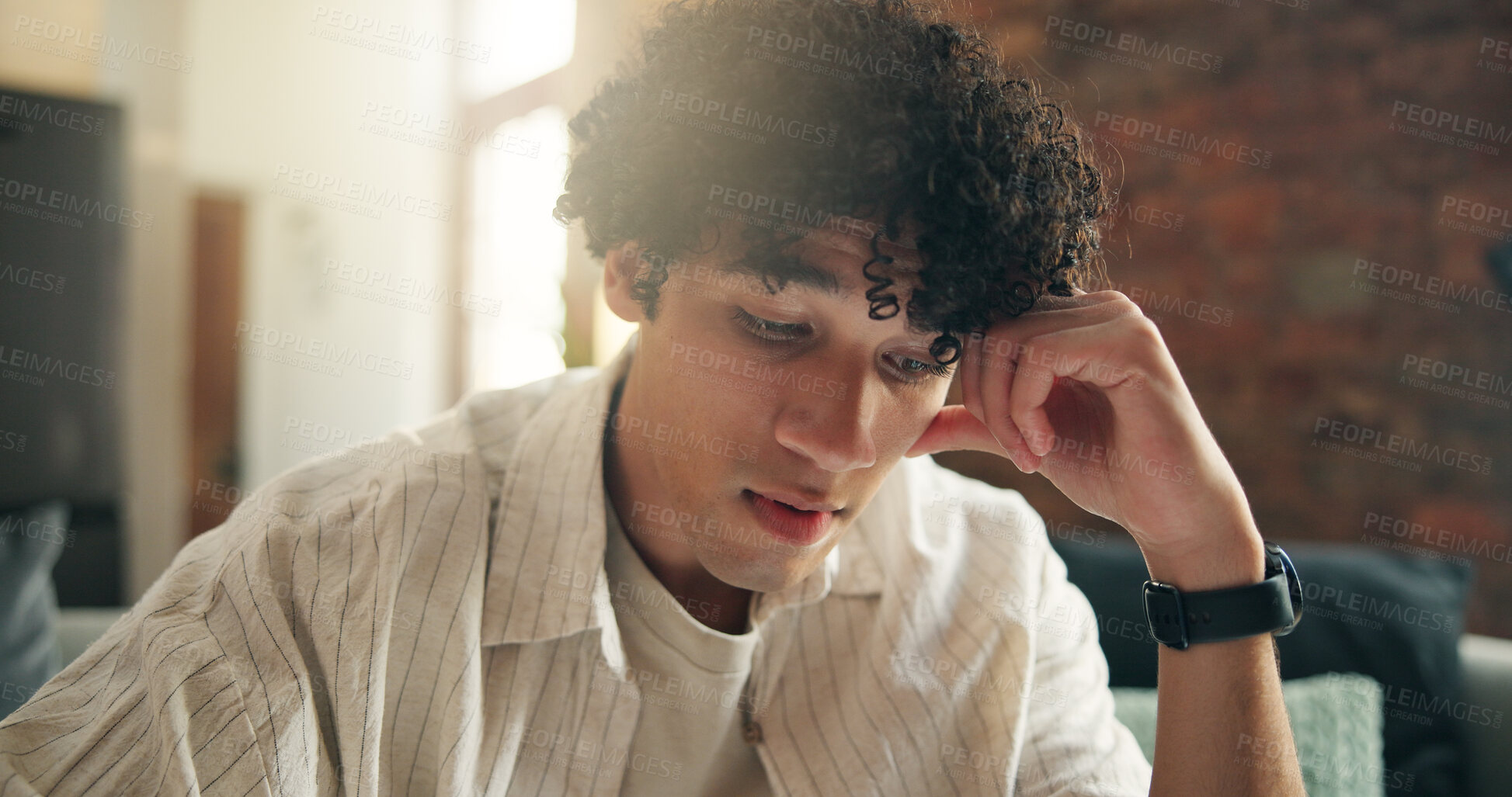 Buy stock photo Man, thinking and sofa with stress in home for bad decision, regret or doubt in living room. Frustrated, thoughtful or male person with contemplation for choice, option or problem solving in house