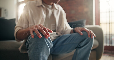 Buy stock photo Hands, anxiety and man in therapy for mental health, stress management and support on sofa. Nervous patient, counseling and consultation for psychology, rehabilitation and trauma recovery in office