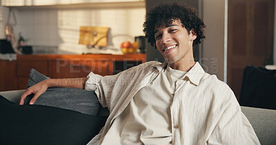 Buy stock photo Relax, portrait and man in home, smile and comfort on sofa, confidence and weekend break in lounge. Happiness, apartment and person on couch, pride and positive attitude with rest in living room