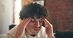Sick, man and headache in living room with fatigue, unemployment crisis or symptoms of medical problem. Person, breathing and migraine in house with health issue, pain or burnout from jobless stress.