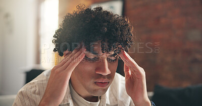 Buy stock photo Sick, man and headache in living room with fatigue, unemployment crisis or symptoms of medical problem. Person, breathing and migraine in house with health issue, pain or burnout from jobless stress.