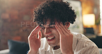 Buy stock photo Sick, man and headache in living room with agony, unemployment crisis and symptoms of medical problem. Person, breathing and migraine in house with health issue, pain and burnout from jobless stress.