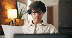 Man, document and laptop in apartment with remote work, glasses or journalist proofreading for news. Freelance writer, person and paperwork in home with computer, article review and website for blog.