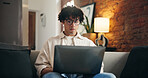 Man, research and laptop in living room with remote work, website or journalist verification for story. Freelance writer, person and proofreading in home with computer, article review or online blog.