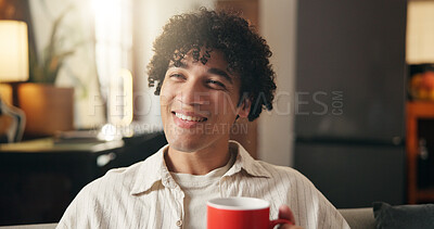 Buy stock photo Calm, thinking or man in house with coffee, past memory or insight with morning inspiration. Reflection, flare or person in home with warm beverage, nostalgia or peaceful perspective in living room.