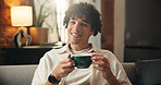 Calm, thinking or man on couch with coffee, memory or insight with morning inspiration. Reflection, flare or person in house with warm beverage, nostalgia or peaceful perspective in living room.