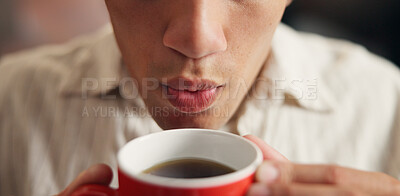Buy stock photo Blow, coffee and mouth with man in home living room for caffeine, start of morning or weekend. Beverage, lips and relax with person cooling drink in apartment for break, stress relief or wellness