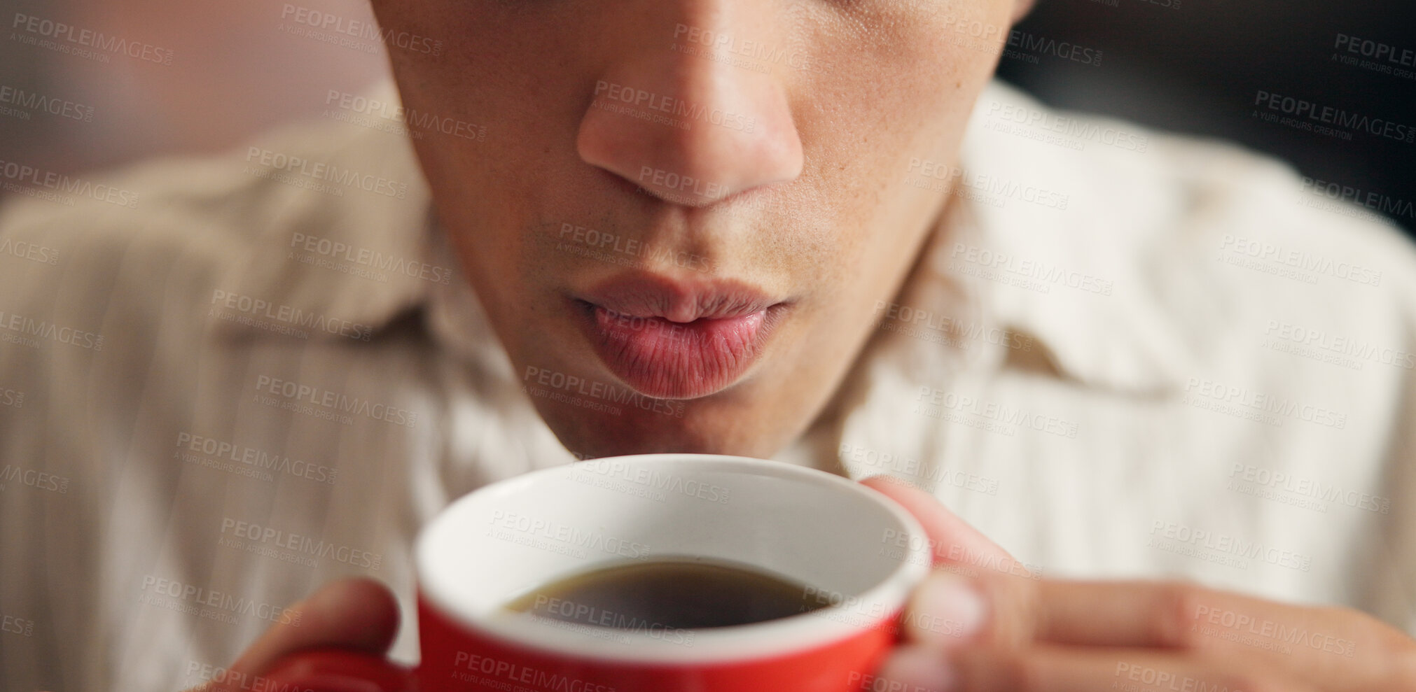 Buy stock photo Blow, coffee and mouth with man in home living room for caffeine, start of morning or weekend. Beverage, lips and relax with person cooling drink in apartment for break, stress relief or wellness