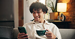 Man, smile and coffee in home with phone, reading breaking news and scroll for social media update. Happy, person and morning in living room with tea, tech and browsing mobile app for online article.