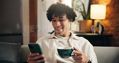 Buy stock photo Man, smile and coffee in home with phone, reading breaking news and scroll for social media update. Happy, person and morning in living room with tea, tech and browsing mobile app for online article.