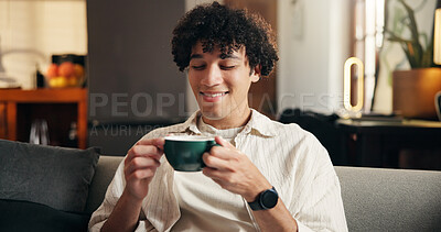 Buy stock photo Blow, coffee and smile with man in home living room for caffeine, start of morning or weekend. Beverage, me time and relax with happy person in apartment for break, stress relief or wellness