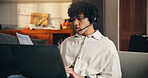 Laptop, discussion and man with headset for remote work, online help desk or troubleshooting assistance. Tech support, virtual assistant or customer care in home with hotline or problem solving