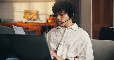 Buy stock photo Laptop, document and man with headset for remote work, online help desk or troubleshooting assistance. Tech support, virtual assistant or paperwork in home with hotline, discussion or problem solving